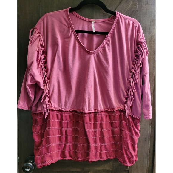 Free People Tops - Free People Mixed Media Fringe V-Neck‎ Top Pink Burgundy Boho XS